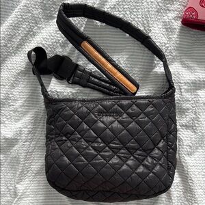 MZ Wallace Black Quilted Crossbody with Tan Leather Strap Accent